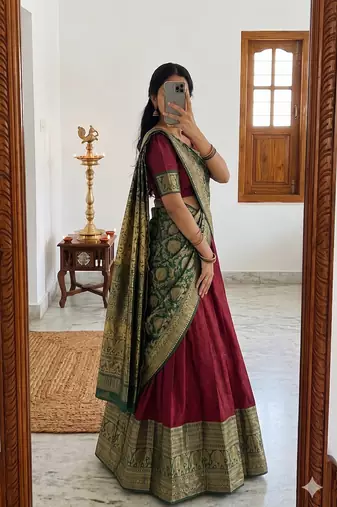  Maroon Traditional Lehenga Choli Set Featuring Intricate Purple and Gold Zari Detailing