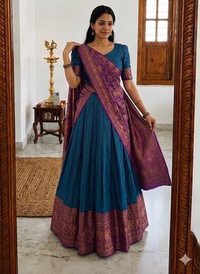  Royal Blue Traditional Lehenga Choli Set Featuring Intricate Purple and Gold Zari Detailing 2