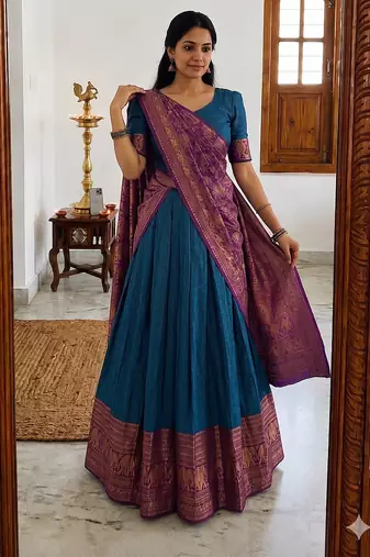  Royal Blue Traditional Lehenga Choli Set Featuring Intricate Purple and Gold Zari Detailing