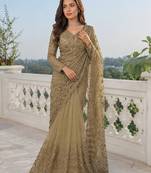 Luxury antique gold net saree with heavy embroidery for wedding reception festive wear