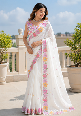 White multicolour thread & sequin floral embroidered chinon silk designer saree with unstitched blouse 1