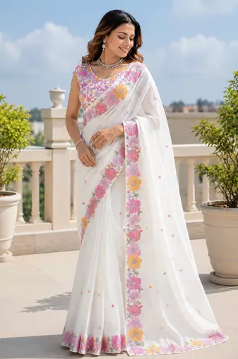 White multicolour thread & sequin floral embroidered chinon silk designer saree with unstitched blouse