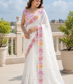 White multicolour thread & sequin floral embroidered chinon silk designer saree with unstitched blouse