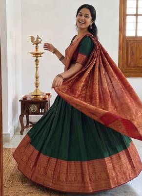  Green Traditional Lehenga Choli Set Featuring Intricate Purple and Gold Zari Detailing 2