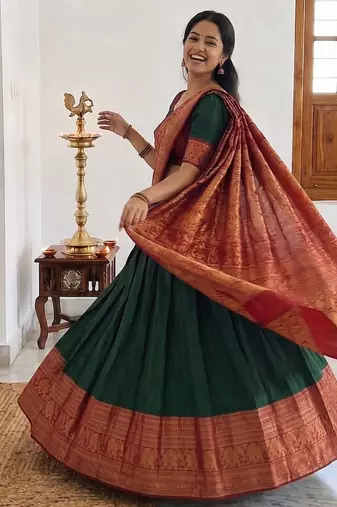  Green Traditional Lehenga Choli Set Featuring Intricate Purple and Gold Zari Detailing