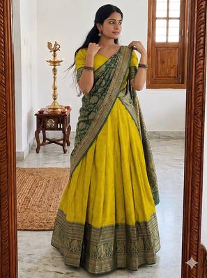  Yellow Traditional Lehenga Choli Set Featuring Intricate Purple and Gold Zari Detailing 3