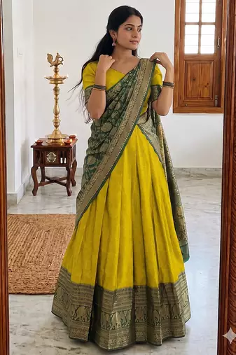  Yellow Traditional Lehenga Choli Set Featuring Intricate Purple and Gold Zari Detailing
