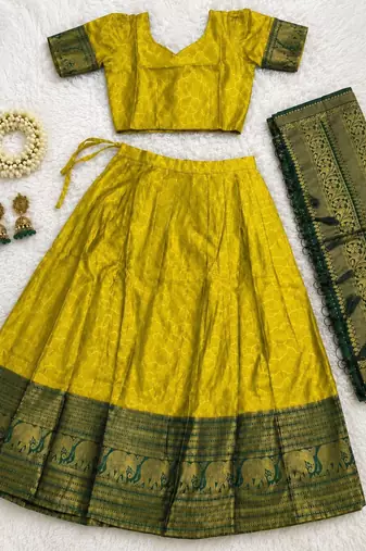 Yellow Traditional Lehenga Choli Set Featuring Intricate Purple and Gold Zari Detailing