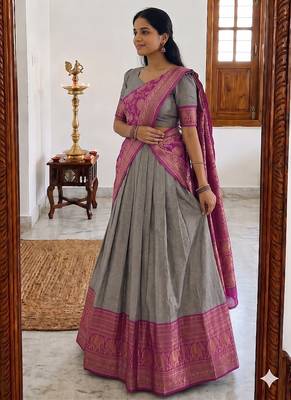 Grey Traditional Lehenga Choli Set Featuring Intricate Purple and Gold Zari Detailing 3