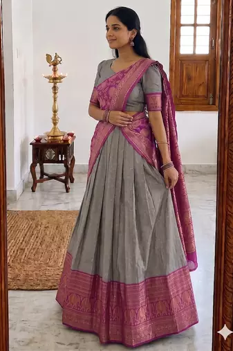  Grey Traditional Lehenga Choli Set Featuring Intricate Purple and Gold Zari Detailing