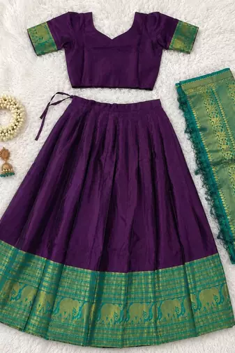 Wine Traditional Lehenga Choli Set Featuring Intricate Purple and Gold Zari Detailing