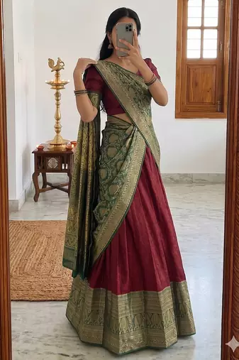  Maroon Traditional Lehenga Choli Set Featuring Intricate Purple and Gold Zari Detailing