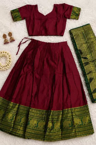  Maroon Traditional Lehenga Choli Set Featuring Intricate Purple and Gold Zari Detailing