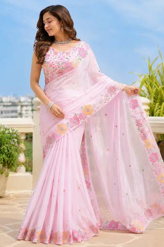 Pink multicolour thread & sequin floral embroidered chinon silk designer saree with unstitched blouse