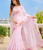 Pink multicolour thread & sequin floral embroidered chinon silk designer saree with unstitched blouse