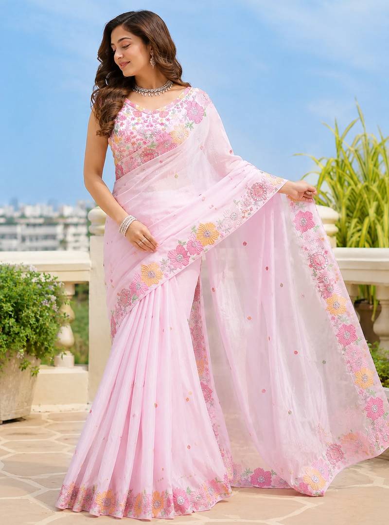 Pink multicolour thread & sequin floral embroidered chinon silk designer saree with unstitched blouse