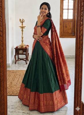  Green Traditional Lehenga Choli Set Featuring Intricate Purple and Gold Zari Detailing 3