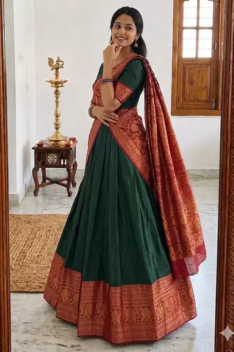  Green Traditional Lehenga Choli Set Featuring Intricate Purple and Gold Zari Detailing