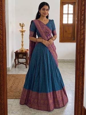  Royal Blue Traditional Lehenga Choli Set Featuring Intricate Purple and Gold Zari Detailing 3