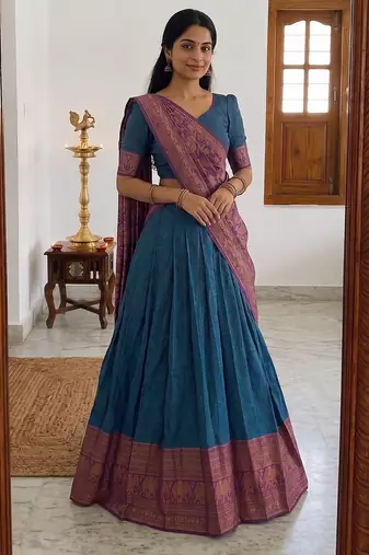  Royal Blue Traditional Lehenga Choli Set Featuring Intricate Purple and Gold Zari Detailing