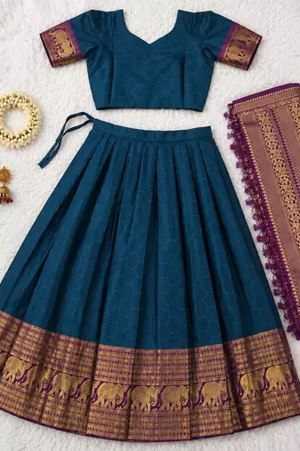  Royal Blue Traditional Lehenga Choli Set Featuring Intricate Purple and Gold Zari Detailing