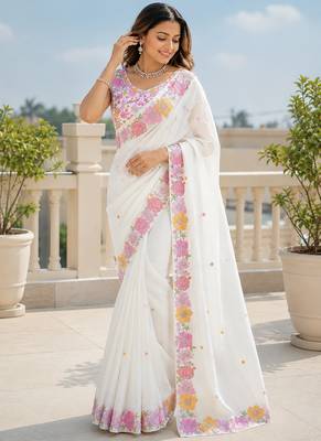 White multicolour thread & sequin floral embroidered chinon silk designer saree with unstitched blouse 2