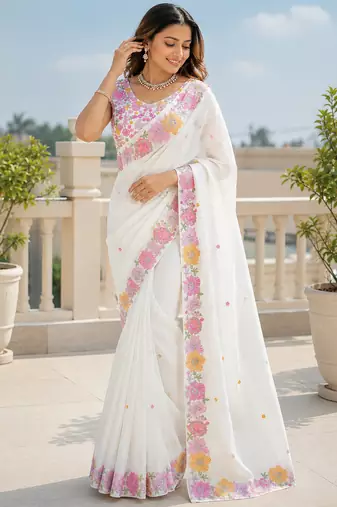 White multicolour thread & sequin floral embroidered chinon silk designer saree with unstitched blouse