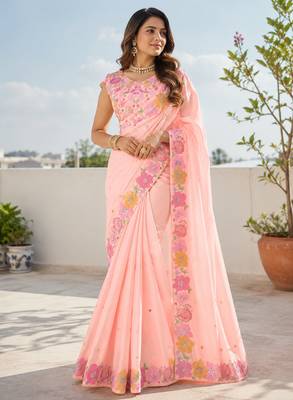 Peach multicolour thread & sequin floral embroidered chinon silk designer saree with unstitched blouse 1