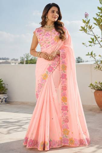 Peach multicolour thread & sequin floral embroidered chinon silk designer saree with unstitched blouse