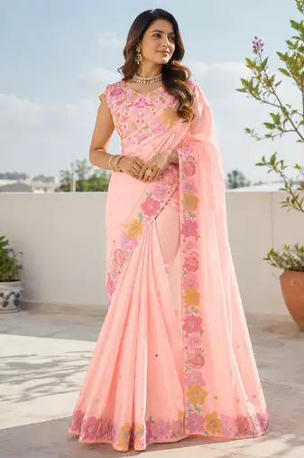 Peach multicolour thread & sequin floral embroidered chinon silk designer saree with unstitched blouse