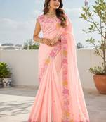 Peach multicolour thread & sequin floral embroidered chinon silk designer saree with unstitched blouse