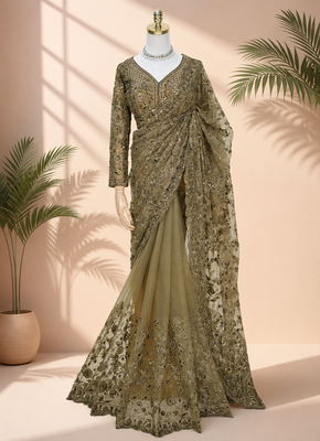 Luxury antique gold net saree with heavy embroidery for wedding reception festive wear 3