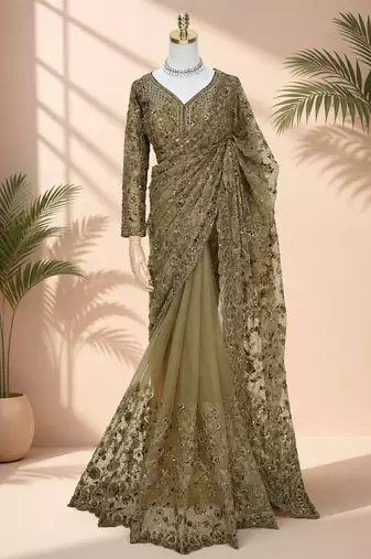 Luxury antique gold net saree with heavy embroidery for wedding reception festive wear