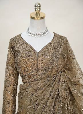 Luxury antique gold net saree with heavy embroidery for wedding reception festive wear 4