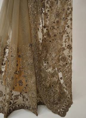 Luxury antique gold net saree with heavy embroidery for wedding reception festive wear 5