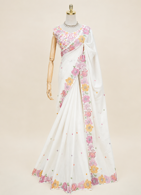 White multicolour thread & sequin floral embroidered chinon silk designer saree with unstitched blouse 3