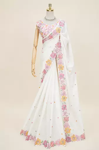 White multicolour thread & sequin floral embroidered chinon silk designer saree with unstitched blouse