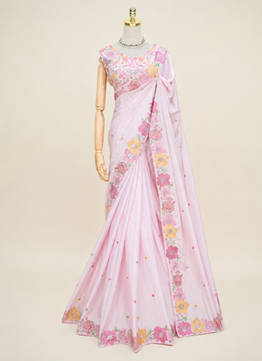 Pink multicolour thread & sequin floral embroidered chinon silk designer saree with unstitched blouse 2