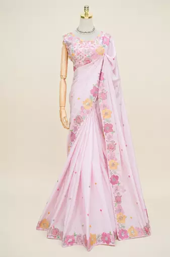 Pink multicolour thread & sequin floral embroidered chinon silk designer saree with unstitched blouse