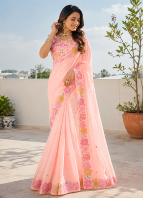 Peach multicolour thread & sequin floral embroidered chinon silk designer saree with unstitched blouse 2