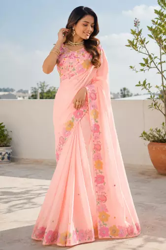 Peach multicolour thread & sequin floral embroidered chinon silk designer saree with unstitched blouse
