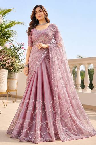 Luxury dusty mauve fendi silk embroidered saree for wedding reception bridal & festive wear