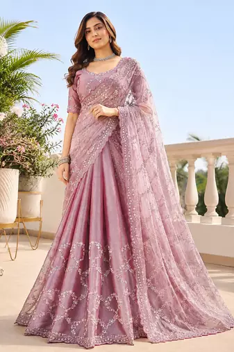 Luxury dusty mauve fendi silk embroidered saree for wedding reception bridal & festive wear