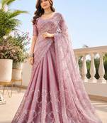 Luxury dusty mauve fendi silk embroidered saree for wedding reception bridal & festive wear