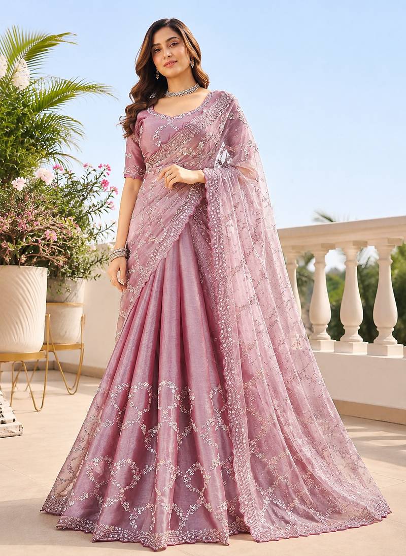 Luxury dusty mauve fendi silk embroidered saree for wedding reception bridal & festive wear