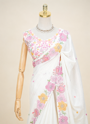 White multicolour thread & sequin floral embroidered chinon silk designer saree with unstitched blouse 4