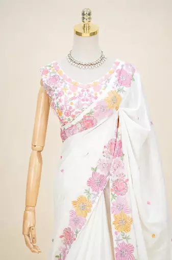 White multicolour thread & sequin floral embroidered chinon silk designer saree with unstitched blouse