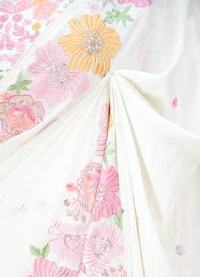White multicolour thread & sequin floral embroidered chinon silk designer saree with unstitched blouse 5