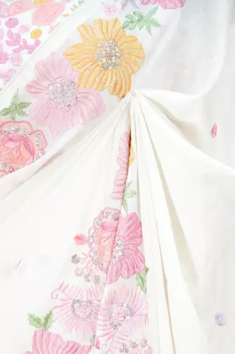 White multicolour thread & sequin floral embroidered chinon silk designer saree with unstitched blouse