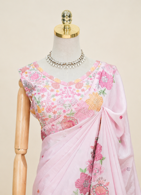Pink multicolour thread & sequin floral embroidered chinon silk designer saree with unstitched blouse 3